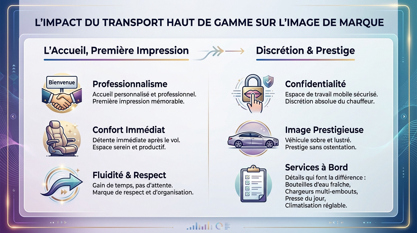 Chauffeur privé ouvrant la porte d'une berline de luxe pour un client d'affaires