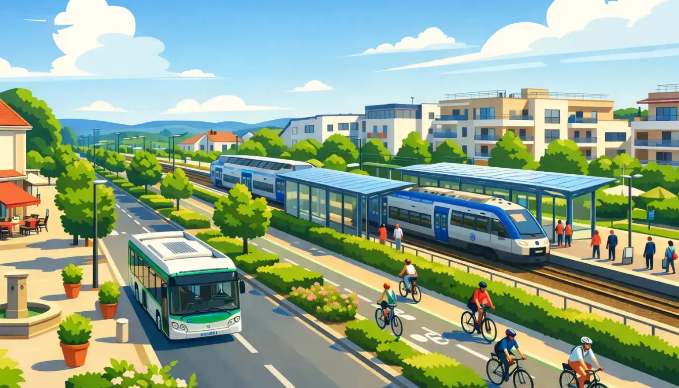 Dynamic scene in Seine-et-Marne showing train, bus, and cyclists in a modern, green urban-suburban landscape.