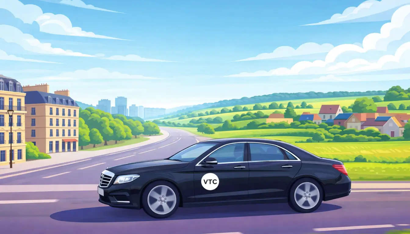 Side view of a black executive VTC sedan in motion, carrying a business client. Blurred rural/suburban Seine-et-Marne landscape at sunset.