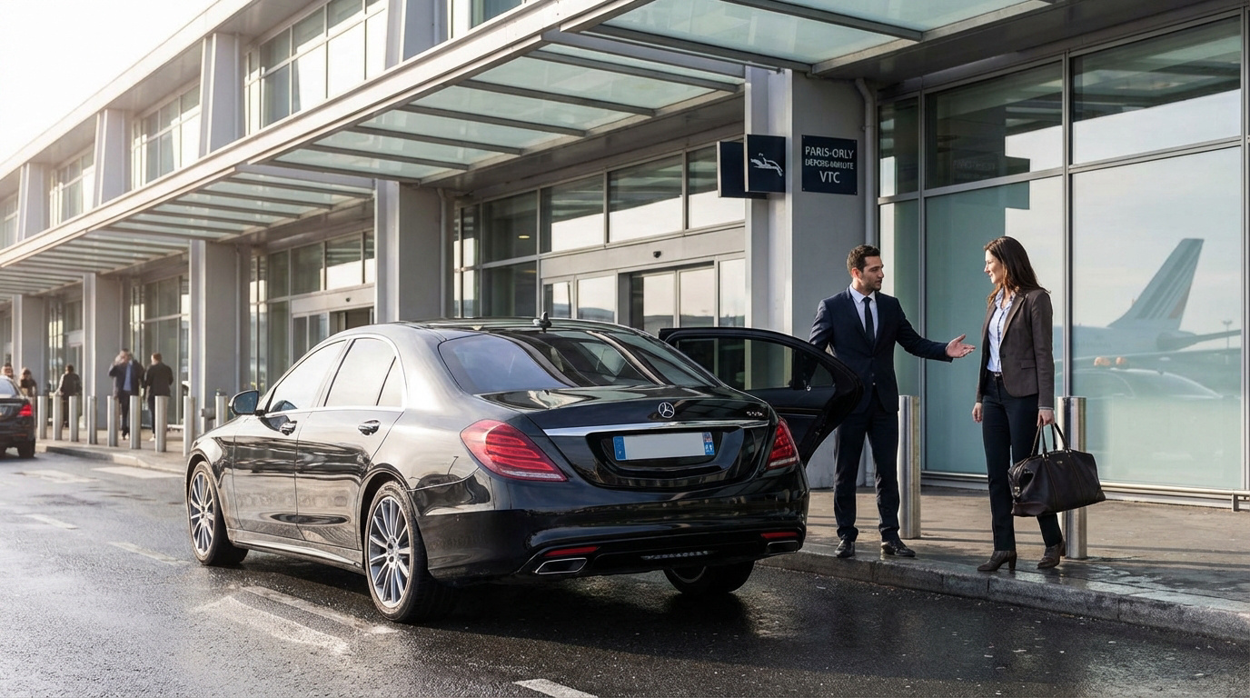 Chauffeur VTC ouvrant la portière d'une berline noire pour une passagère devant le terminal de l'aéroport d'Orly. Signe VTC visible.