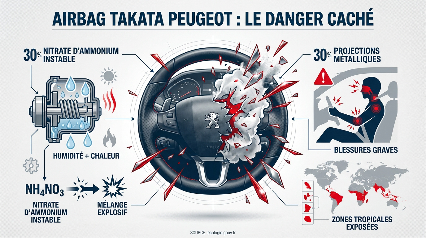 M&eacute;canisme interne d'un airbag Takata d&eacute;fectueux sur un mod&egrave;le Peugeot