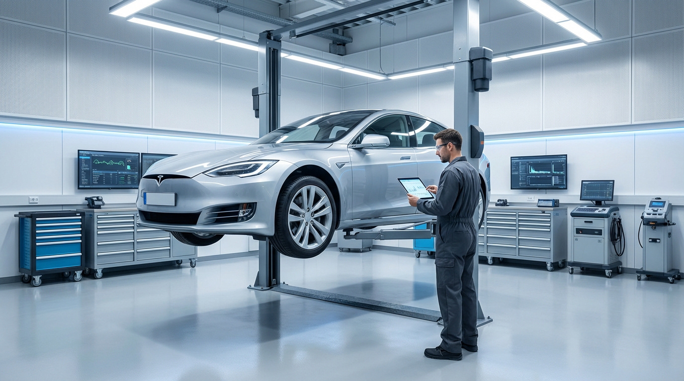 Un technicien en combinaison grise examine une Tesla Model S argentée sur un pont élévateur dans un atelier high-tech, utilisant une tablette.