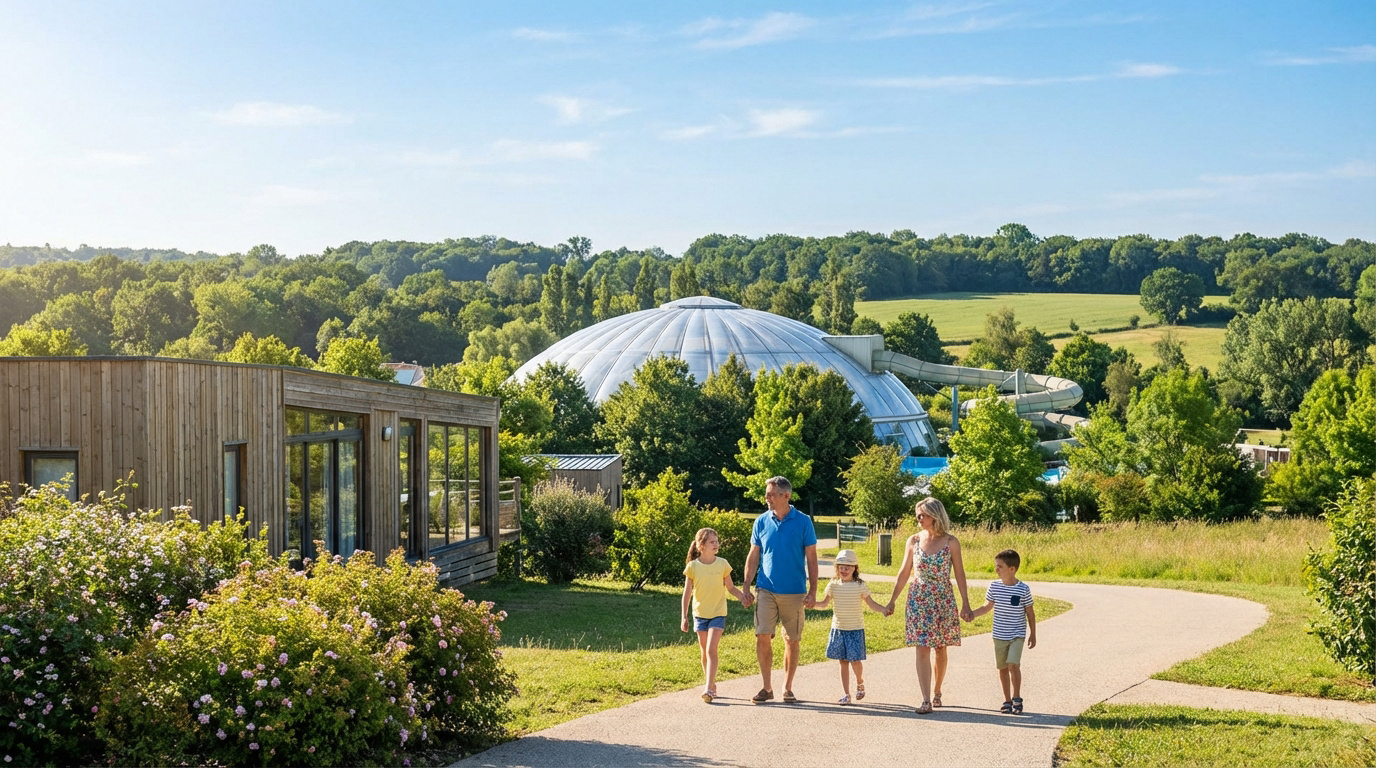 Une famille de cinq personnes se promène sur un chemin, avec des bâtiments en bois, une coupole aquatique et des toboggans à Villages Nature.