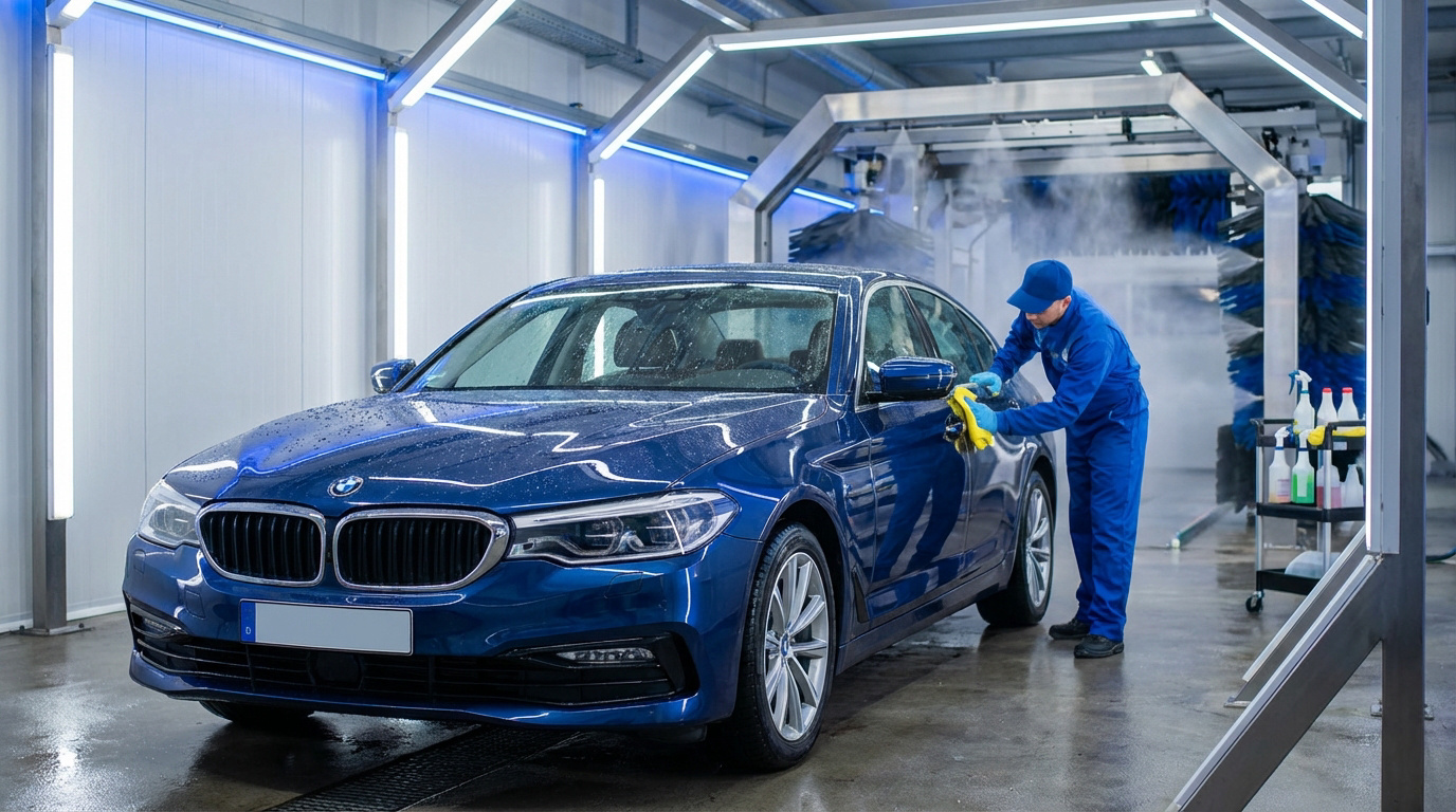 Employé essuyant une berline BMW bleue sous un tunnel de lavage automatique moderne, avec des brosses visibles et des lumières.
