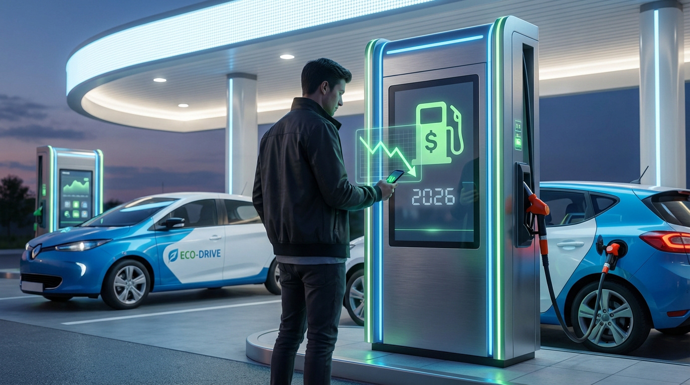 Homme consultant un écran futuriste à une station moderne, affichant une baisse des prix de l'énergie et 2026, avec des VE.