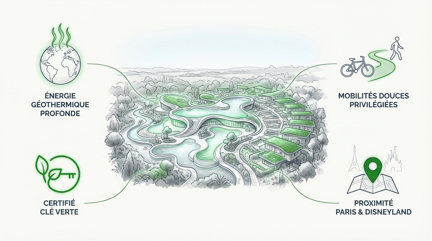 Cottages en bois et lagon ext&eacute;rieur chauff&eacute; &agrave; Villages Nature Paris